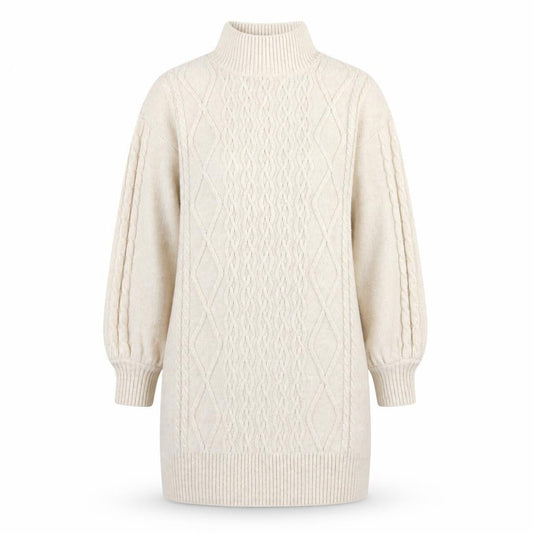 H&M Women Beige Knit High Neck Jumper Dress L Wool Blend