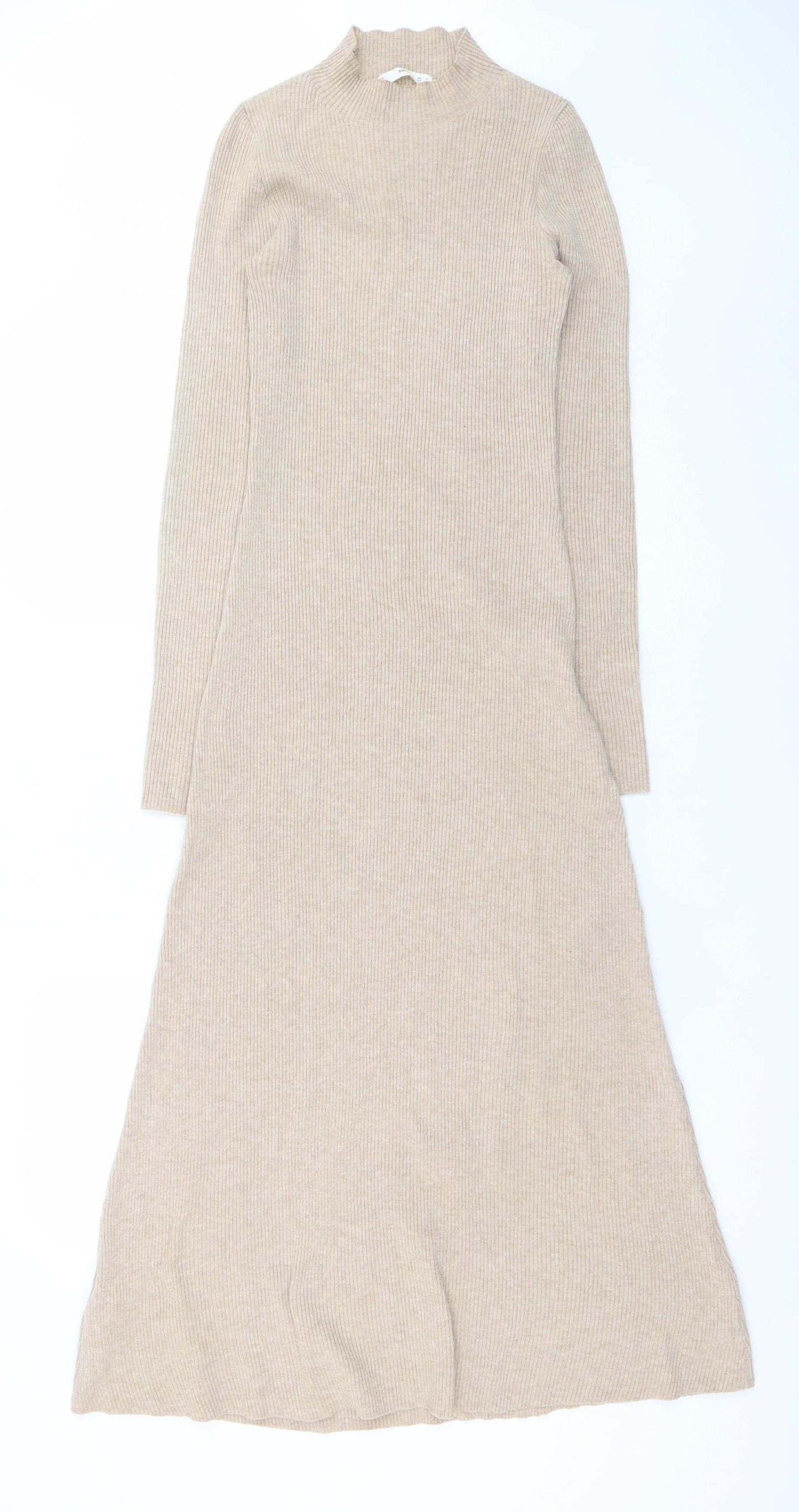 MNG Women’s Beige Long Sleeve Knit Bodycon Dress Size 8