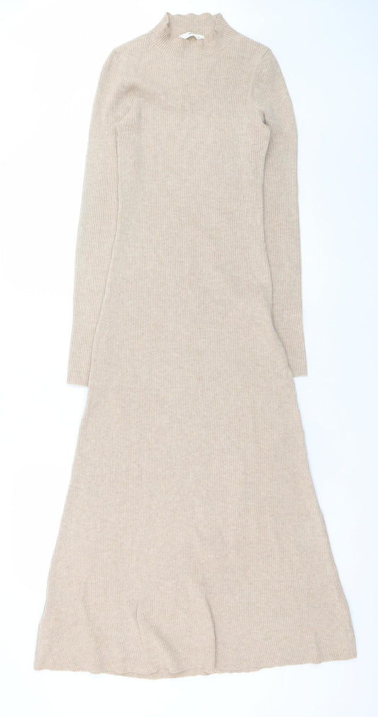 MNG Women’s Beige Long Sleeve Knit Bodycon Dress Size 8