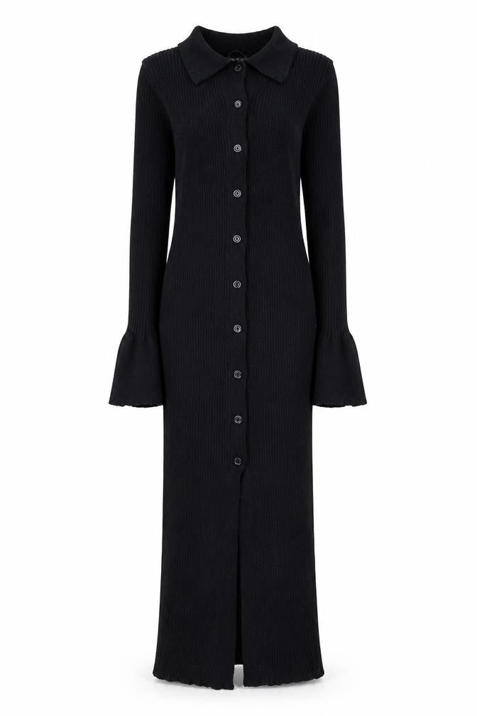 Boohoo Women’s Black Collared Button Midi Knit Shirt Dress Size S