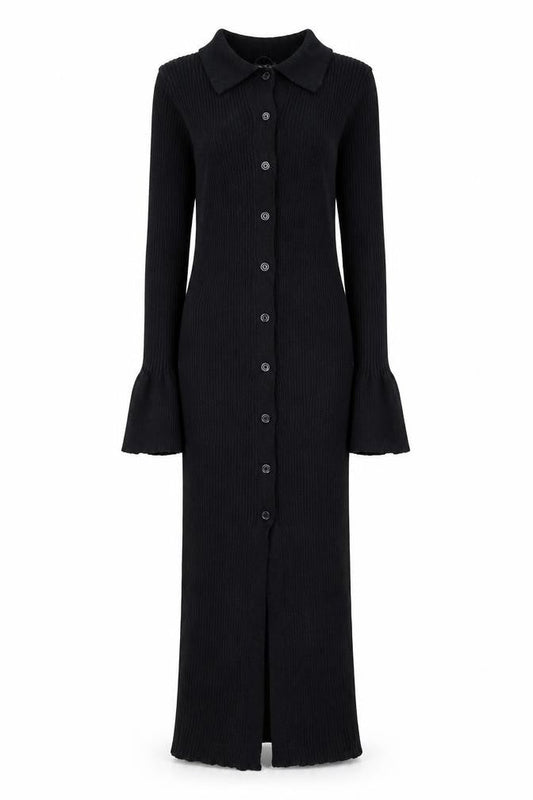 Boohoo Women’s Black Collared Button Midi Knit Shirt Dress Size S