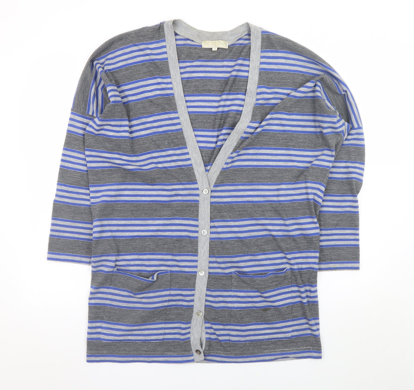Nicole Farhi Women Blue Striped V-Neck Button Cardigan Size S