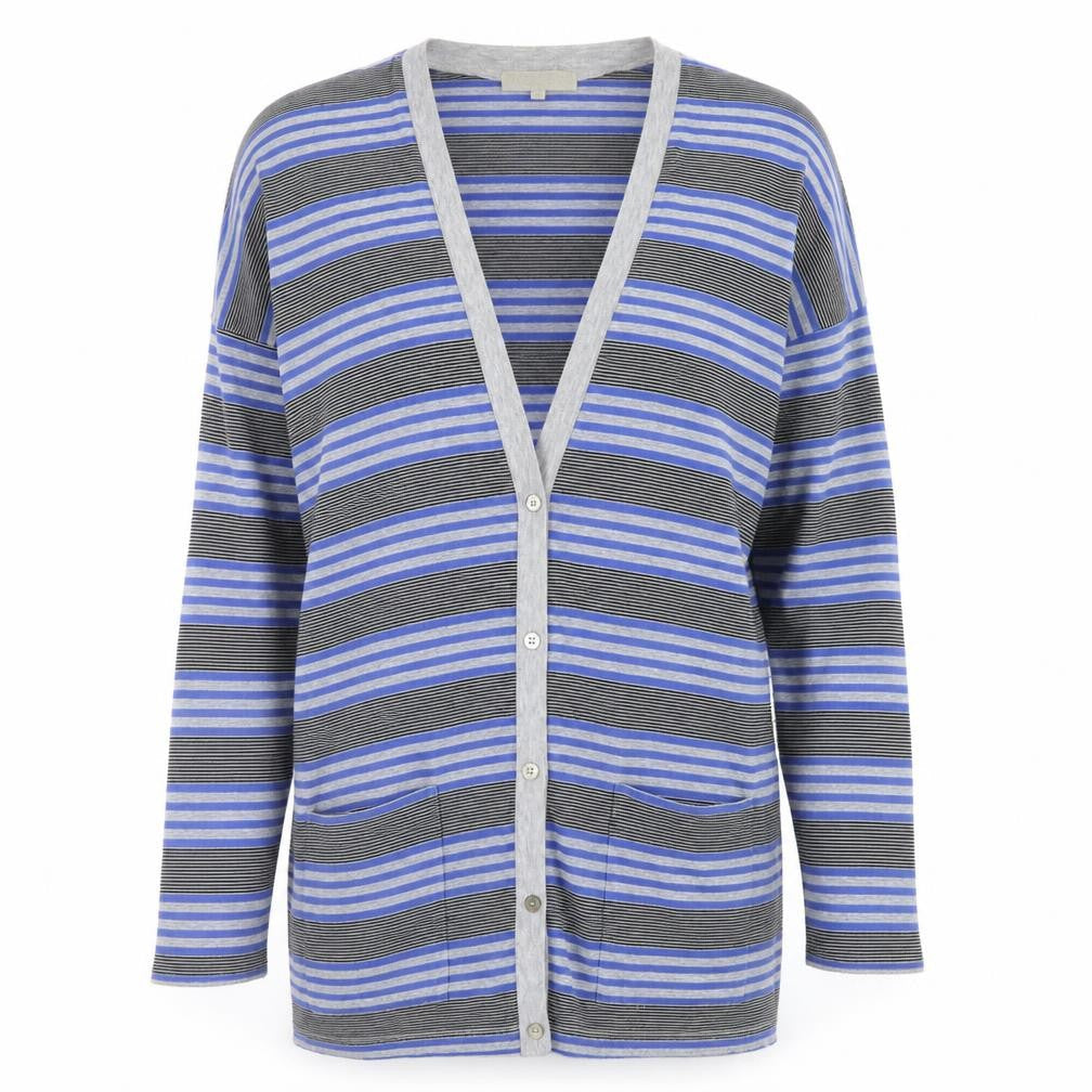 Nicole Farhi Women Blue Striped V-Neck Button Cardigan Size S