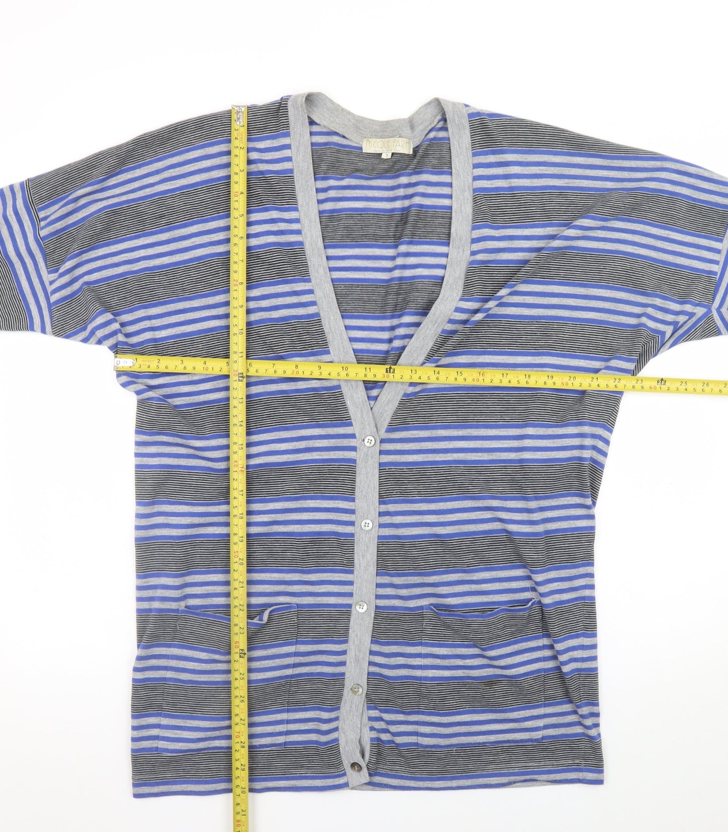 Nicole Farhi Women Blue Striped V-Neck Button Cardigan Size S