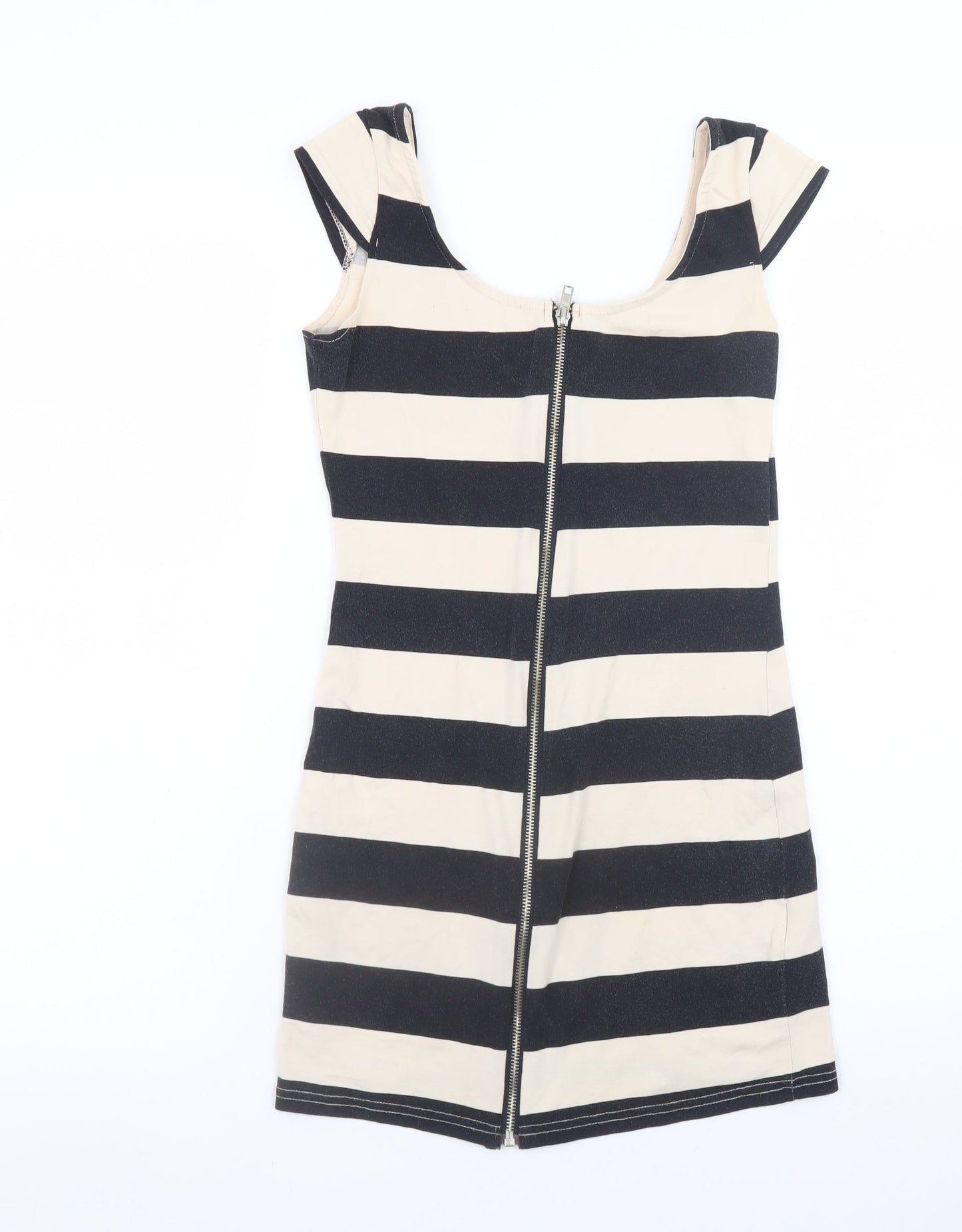 H&M Women Black Beige Striped Bodycon Short Dress Size 10