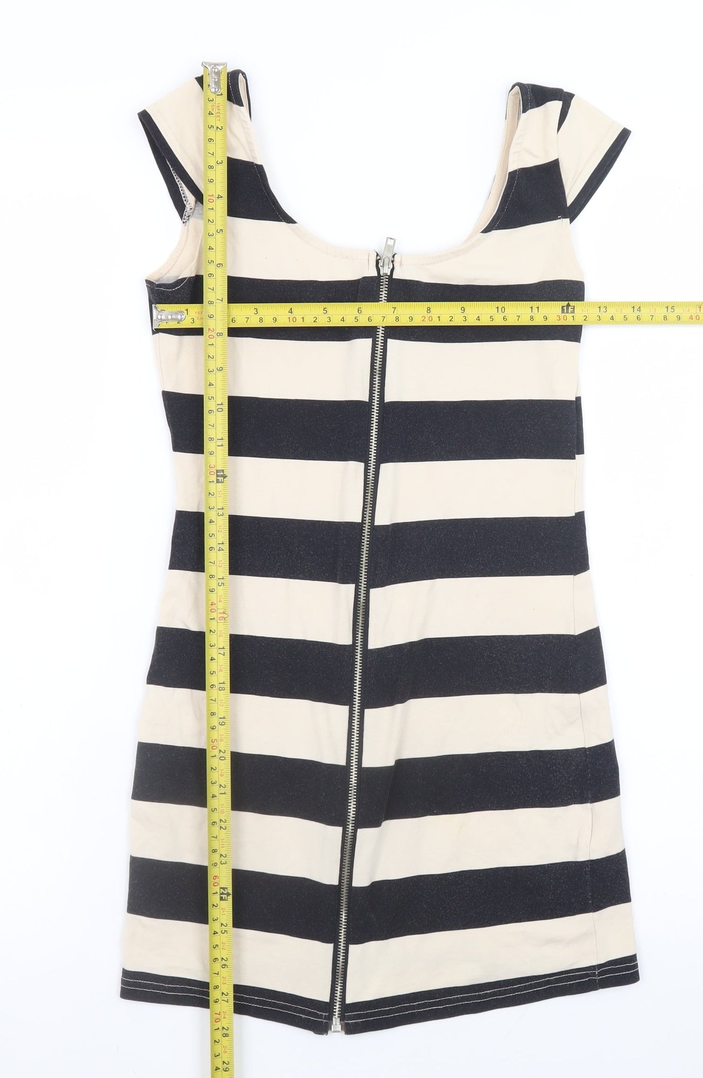 H&M Women Black Beige Striped Bodycon Short Dress Size 10