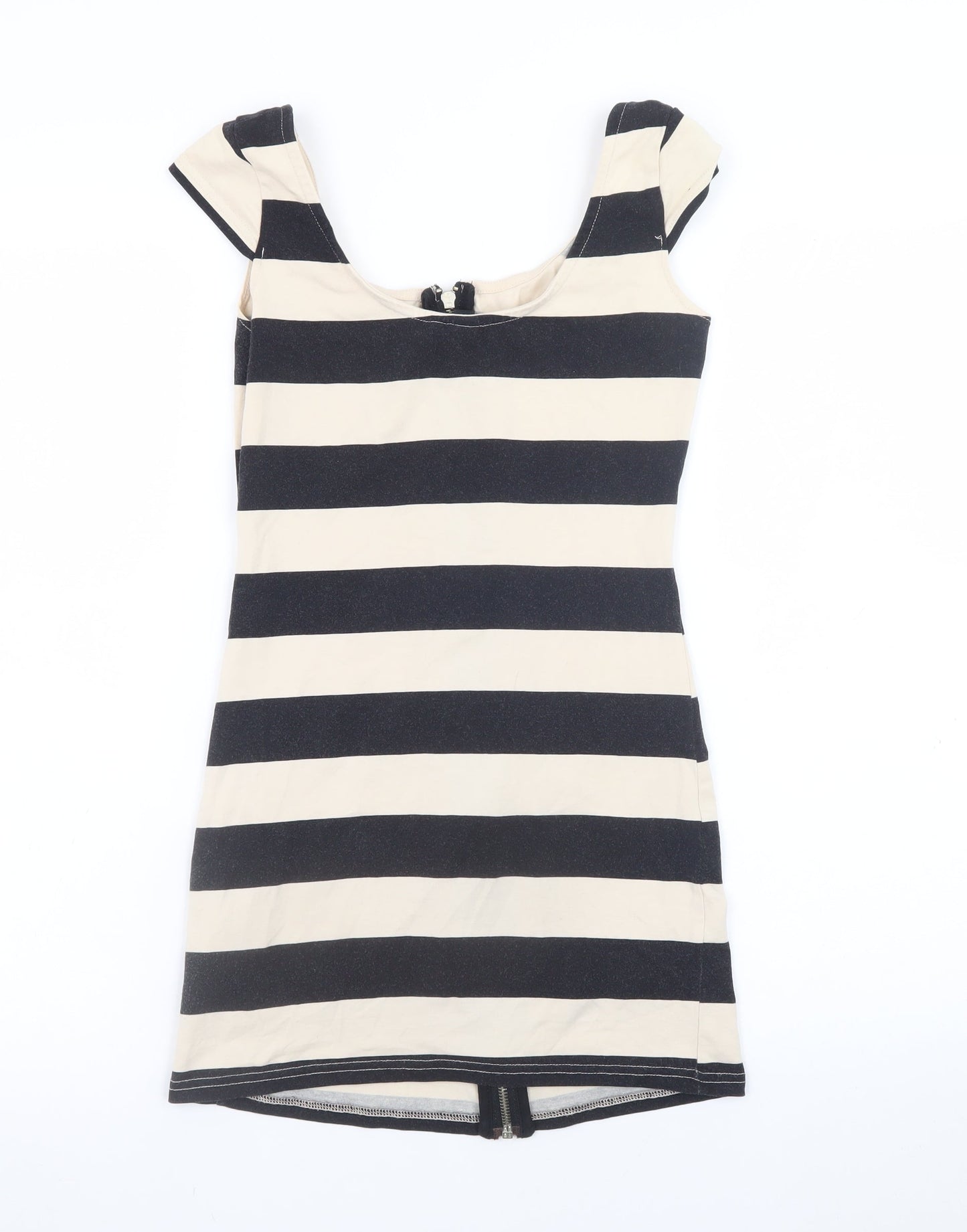 H&M Women Black Beige Striped Bodycon Short Dress Size 10