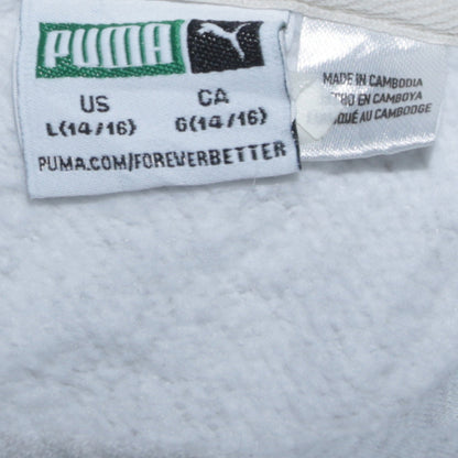 Close-up detail of Puma boys’ beige pullover hoodie, size 16, years logo fleece sweatshirt