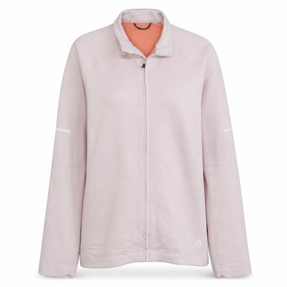 Front view of Adidas women’s pink medium running track jacket full zip lightweight