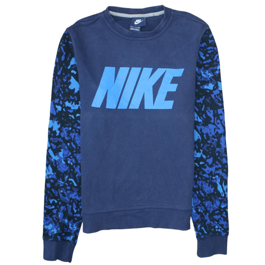 Nike Womens Blue Camo Sleeve Crew Neck Pullover Sweatshirt Size S