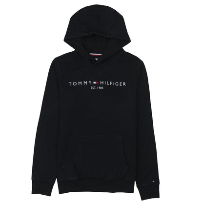 Additional front view of Tommy Hilfiger boys’ black pullover hoodie, size 164, logo fleece