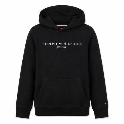 Front view of Tommy Hilfiger boys’ black pullover hoodie, size 164, logo fleece