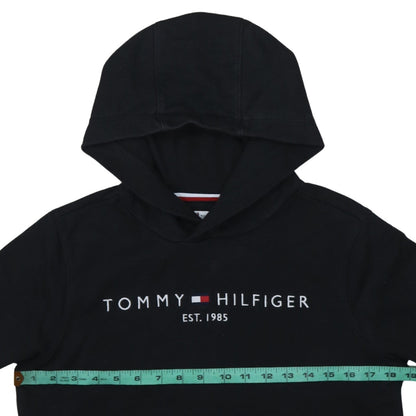 Back view of Tommy Hilfiger boys’ black pullover hoodie, size 164, logo fleece