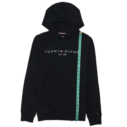 Close-up detail of Tommy Hilfiger boys’ black pullover hoodie, size 164, logo fleece