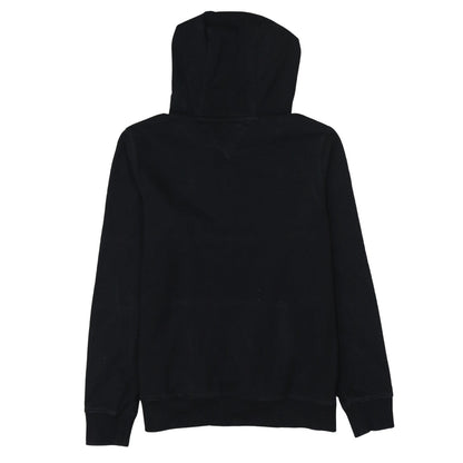 Brand and care label for Tommy Hilfiger boys’ black pullover hoodie, size 164, logo fleece