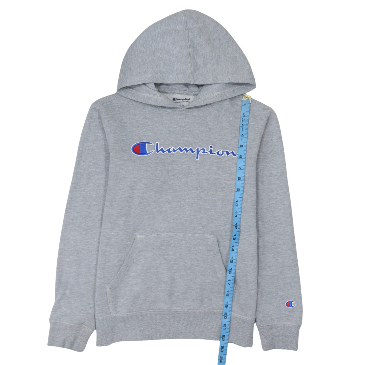 Champion Women Grey Pullover Hoodie L Logo Print Cotton Blend