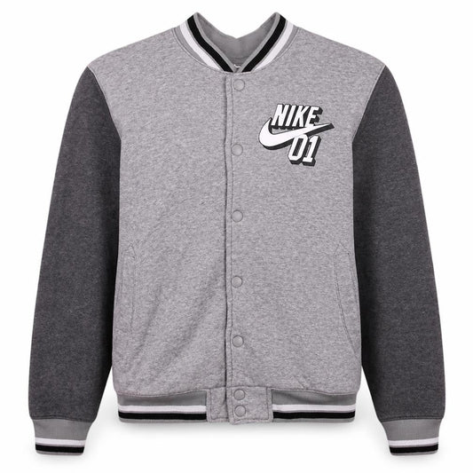 Front view of Nike boys’ grey varsity jacket, size 12-13, years snap fastening lined