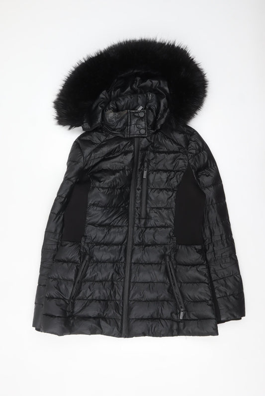 Karen Millen Women's Black Fur Trim Hooded Puffer Jacket Size 12