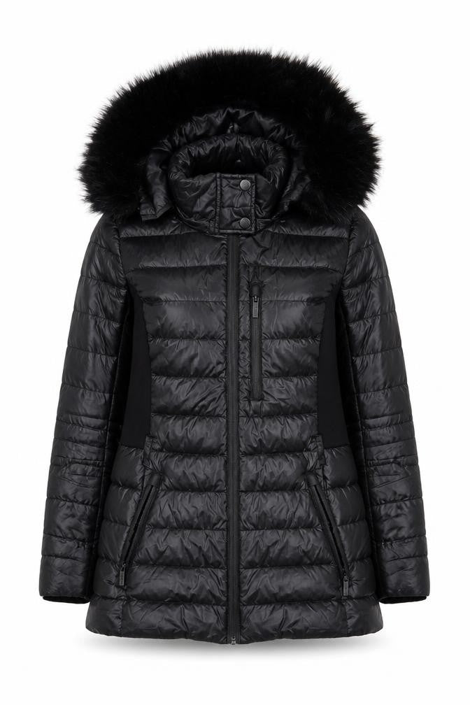 Karen Millen Women's Black Fur Trim Hooded Puffer Jacket Size 12