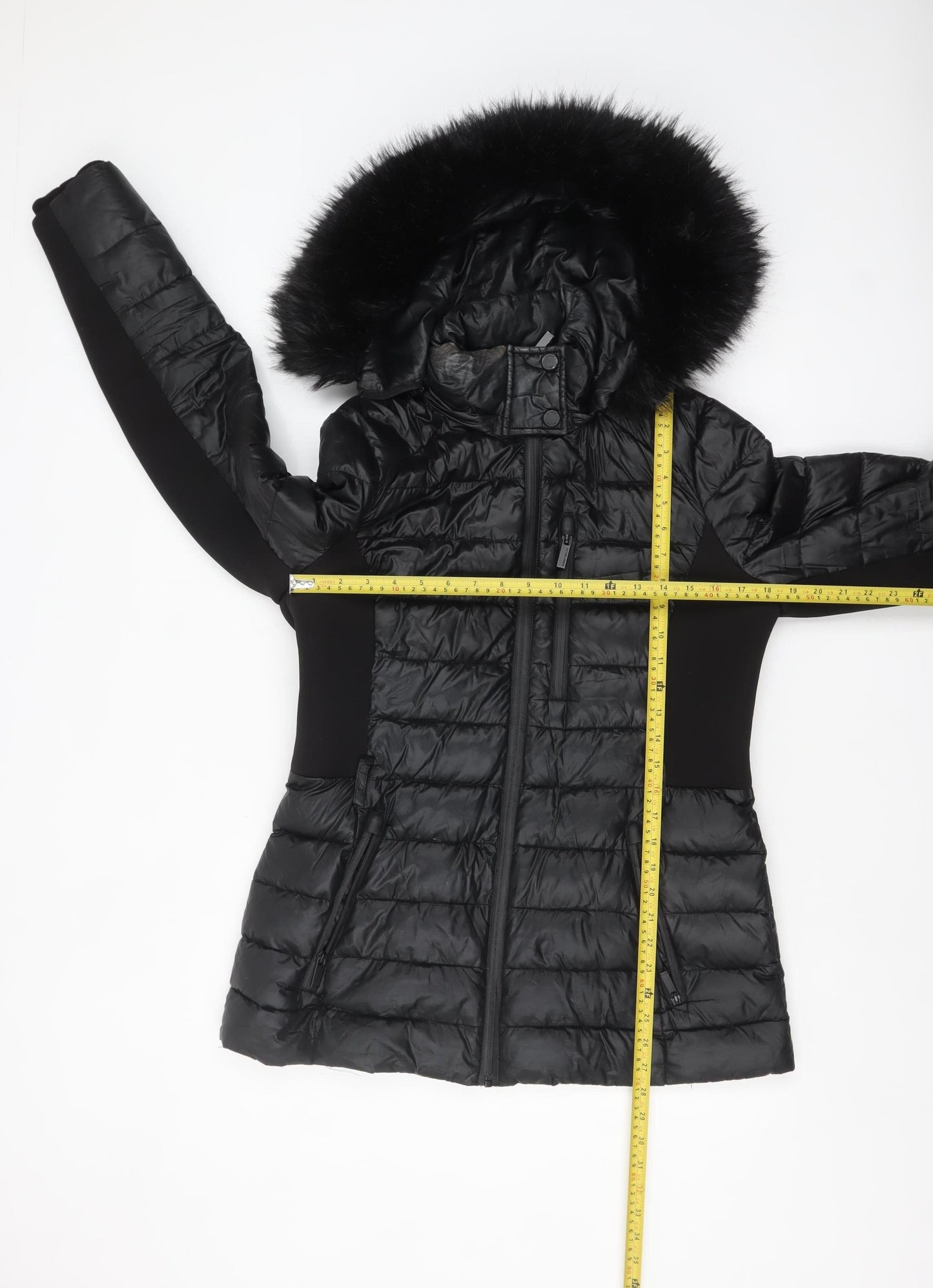 Karen Millen Women's Black Fur Trim Hooded Puffer Jacket Size 12