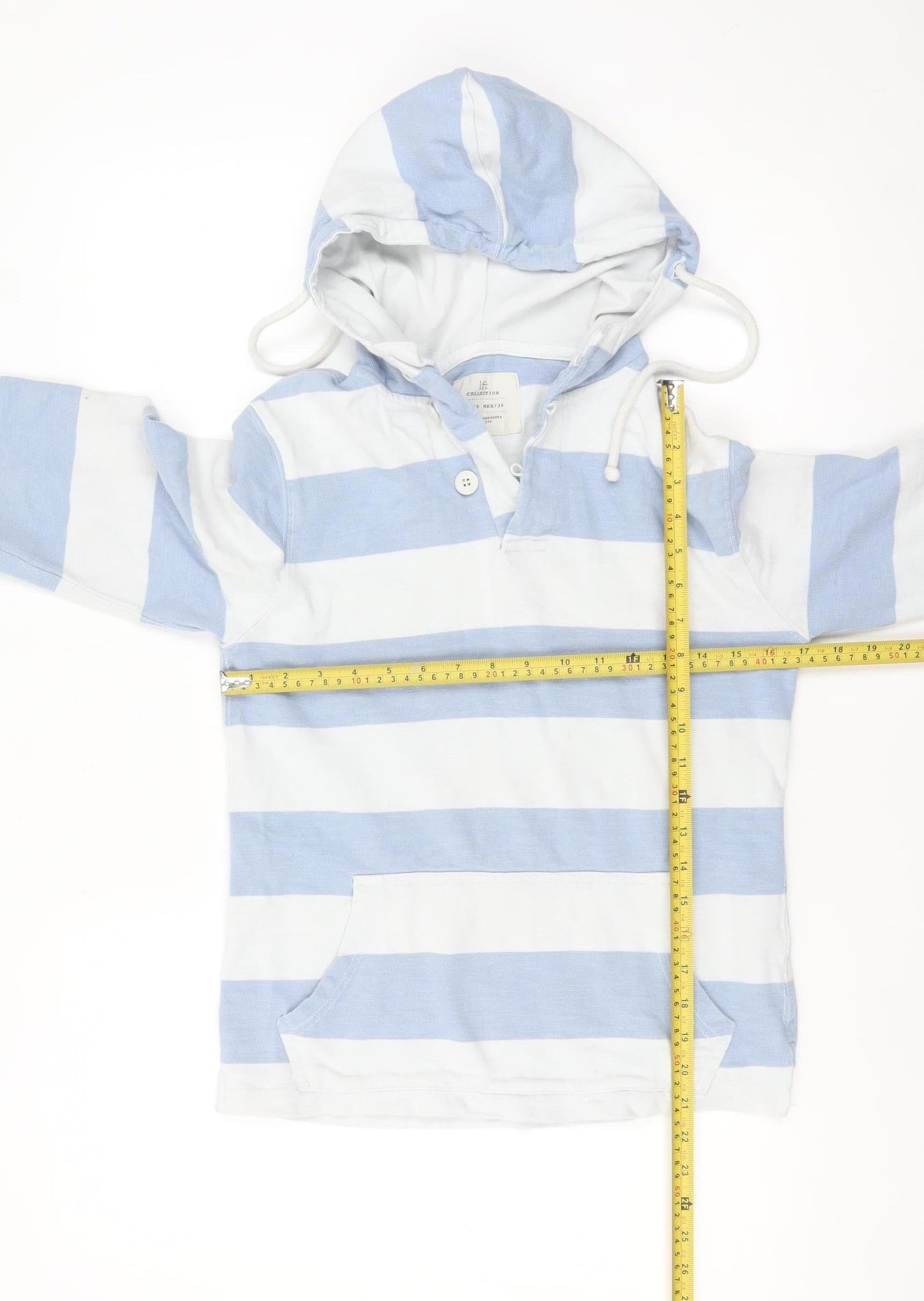 LFT Collection Women Blue White Striped Hooded Pullover Sweatshirt Size 10