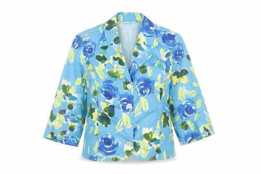 La Strada Women Blue Floral Blazer Size 10 Classic Summer Jacket