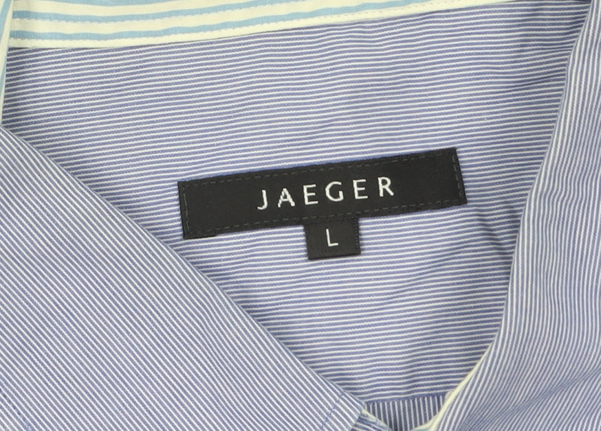 Jaeger Men's Blue Striped Cotton Long Sleeve Button-Up Shirt L
