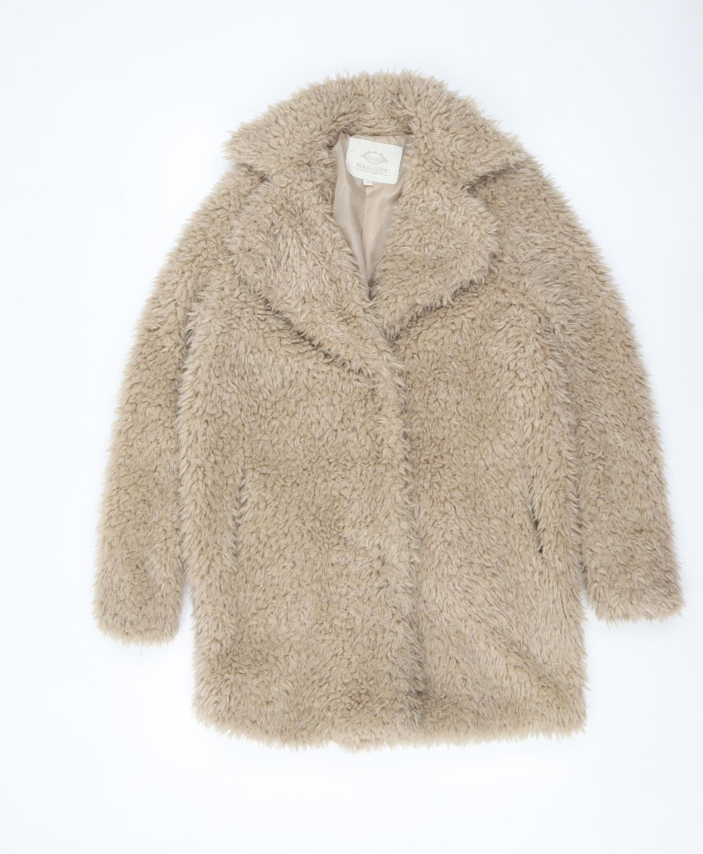 Vera & Lucy Women Beige Faux Fur Mid-Length Coat Size S