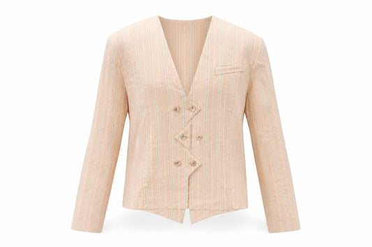 Jean Paul Women's Beige Striped Double-Breasted Blazer Size 12 Linen Blend