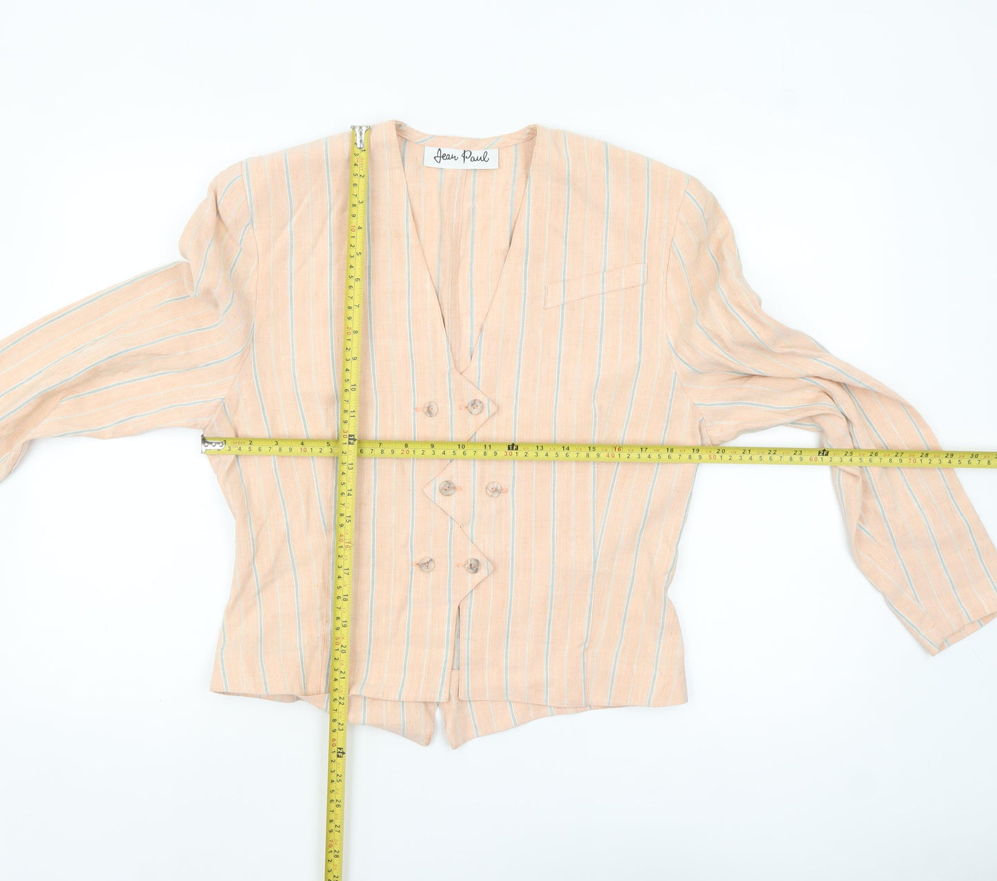 Jean Paul Women's Beige Striped Double-Breasted Blazer Size 12 Linen Blend