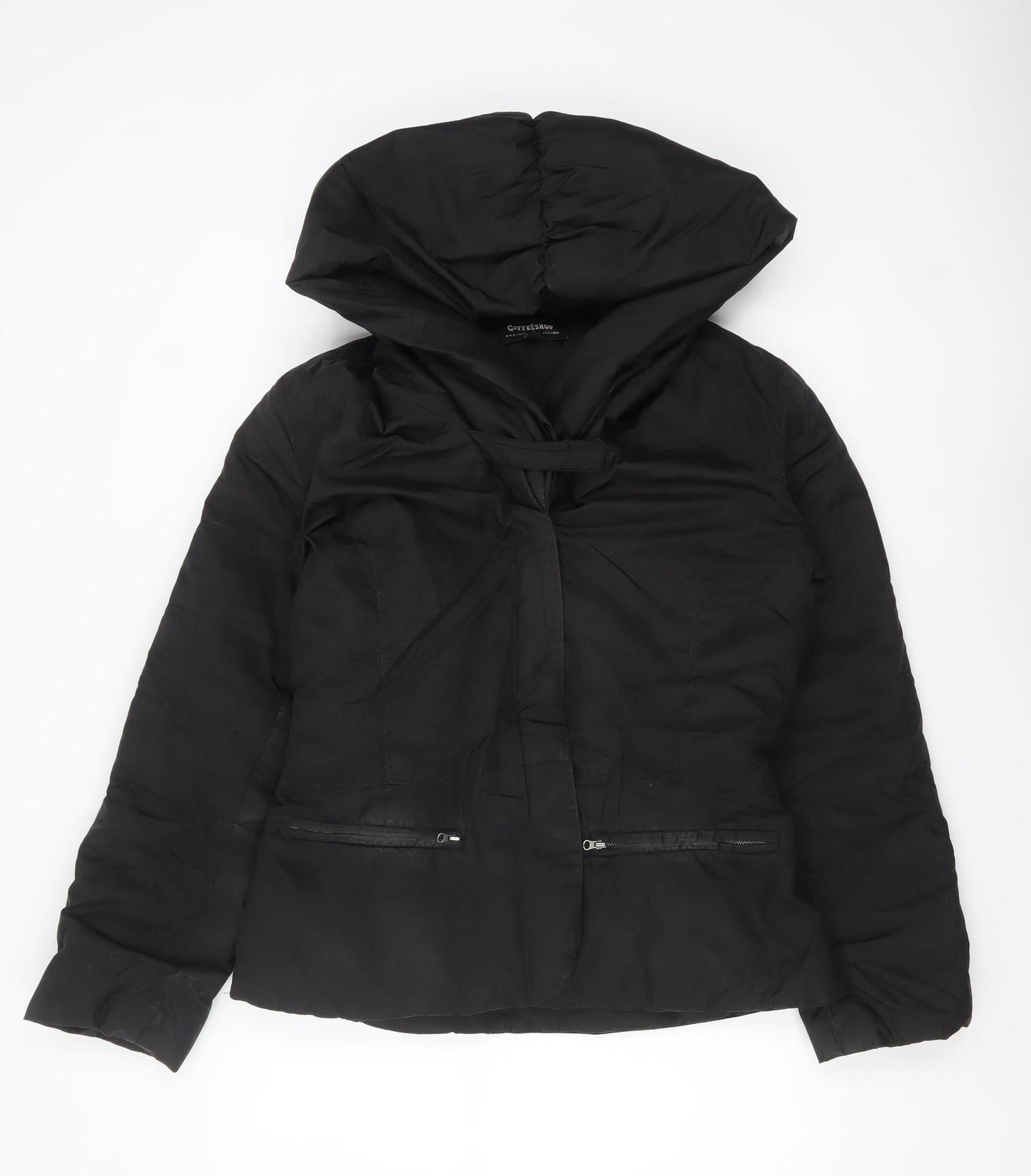 Coffee Shop Womens Black L Hooded Puffer Jacket Belted Mid-Length