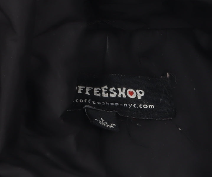 Coffee Shop Womens Black L Hooded Puffer Jacket Belted Mid-Length