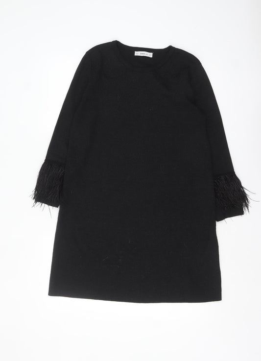 Zara Women Black Feather Trim Knit Shift Dress Size 12