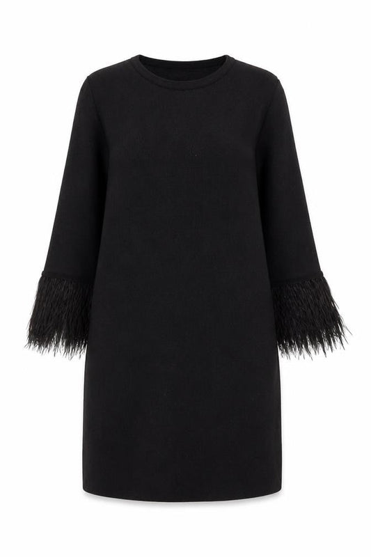 Zara Women Black Feather Trim Knit Shift Dress Size 12