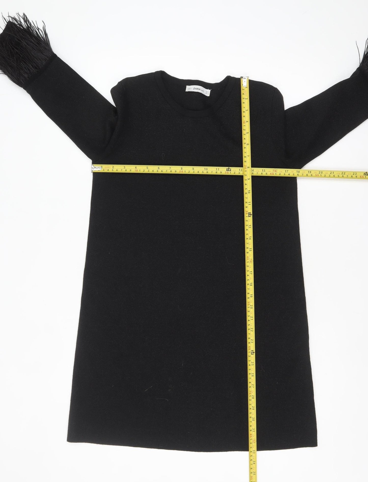 Zara Women Black Feather Trim Knit Shift Dress Size 12