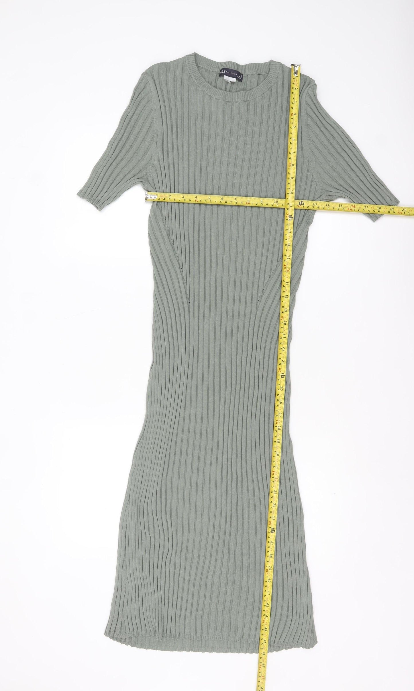 Marks and Spencer Women Green Size 16 Ribbed Knit Midi Bodycon Dress