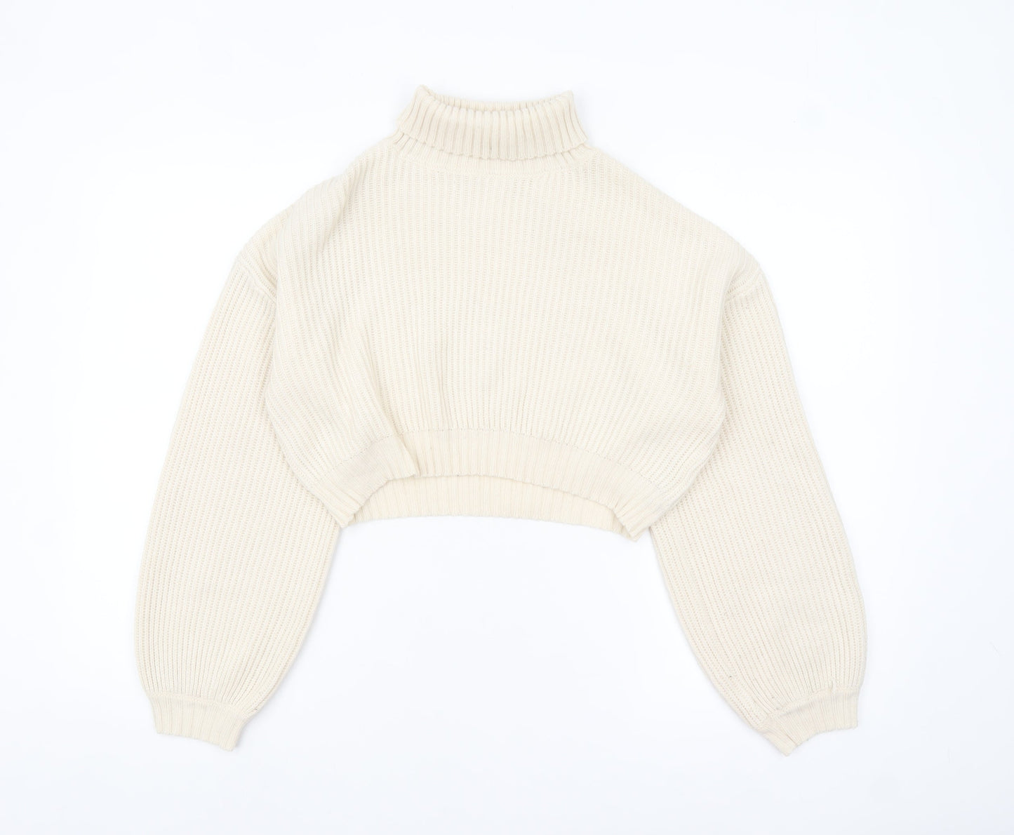 ROMWE Women Beige Roll Neck Chunky Knit Crop Jumper Size 8