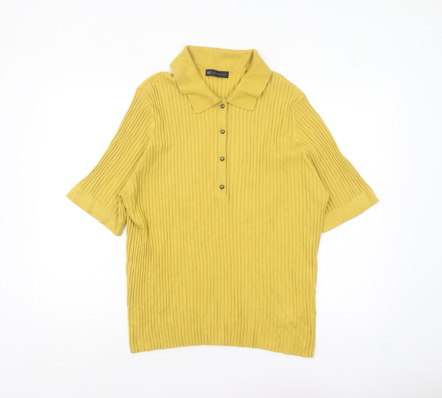 Marks and Spencer Women Yellow Collared Short Sleeve Ribbed Henley Jumper Size 24