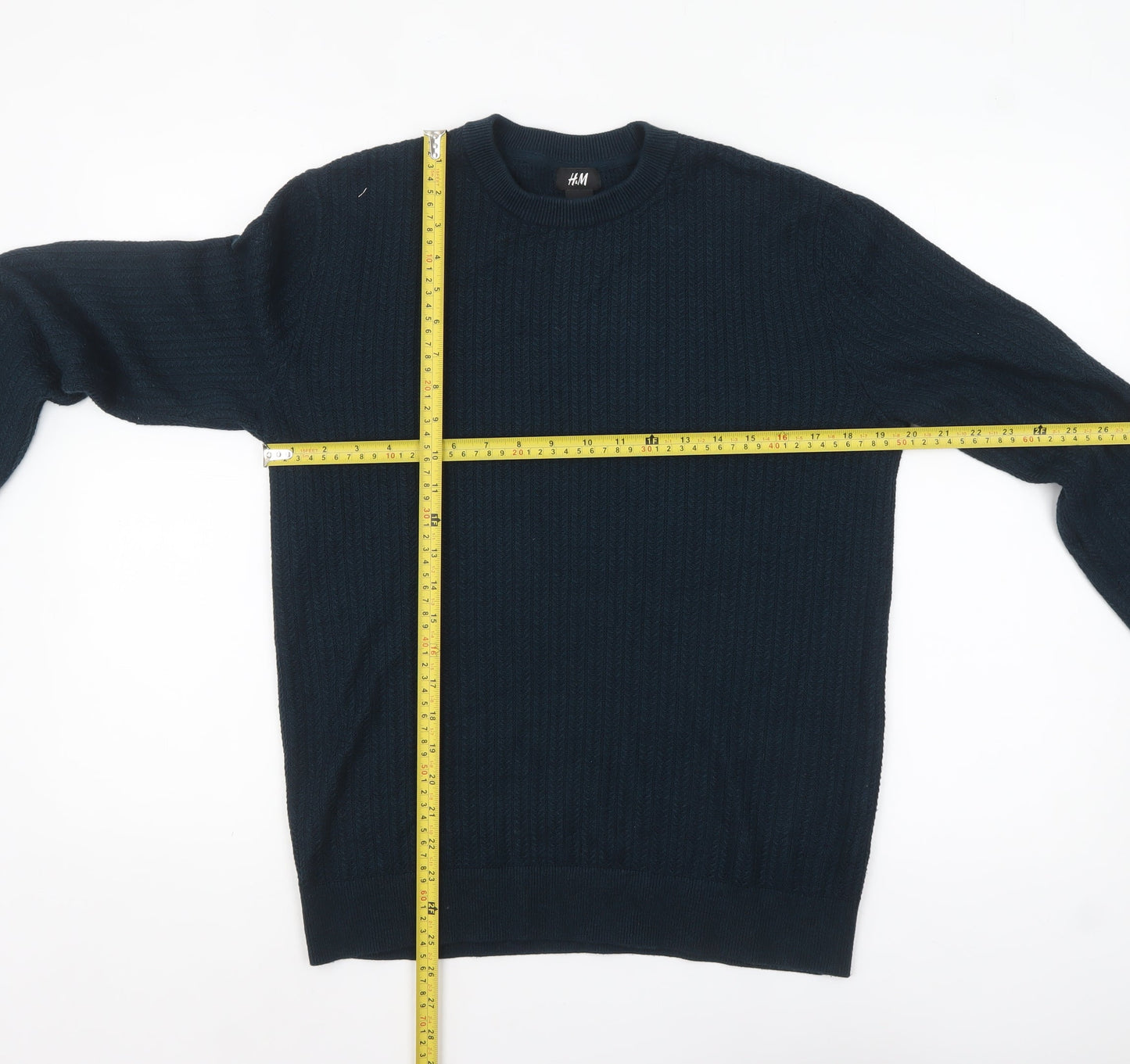 H&M Men’s Blue Cotton Blend Waffle-Knit Crew Neck Jumper Size S