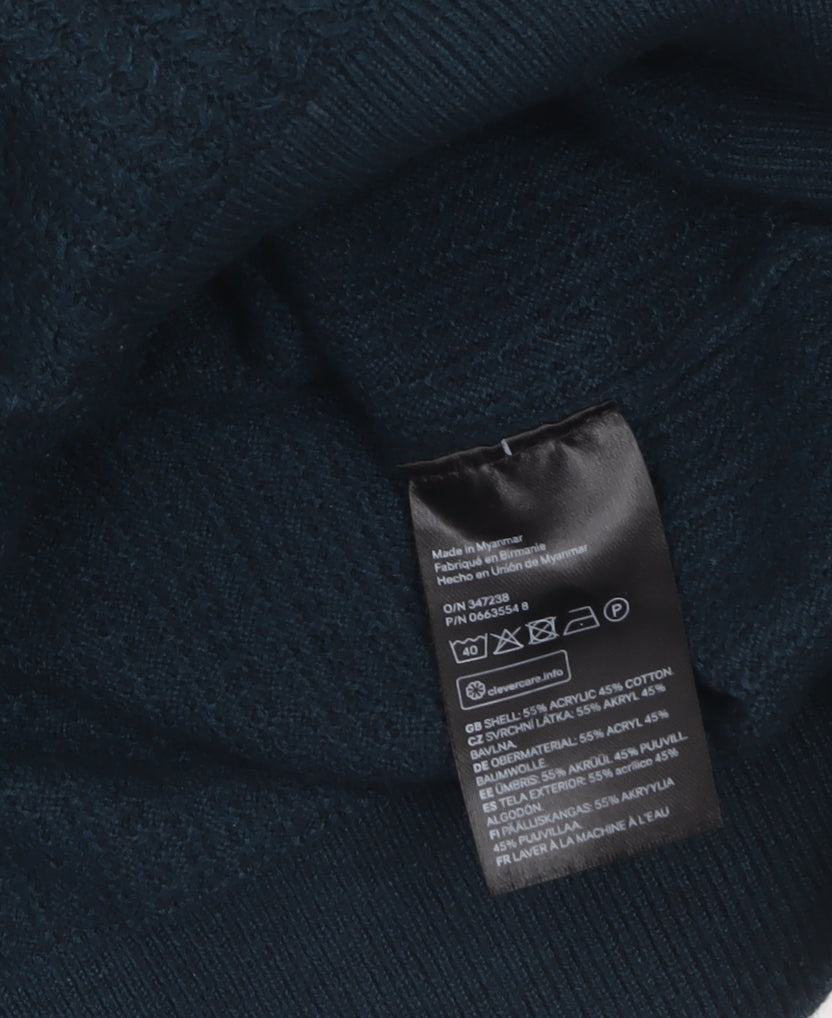 H&M Men’s Blue Cotton Blend Waffle-Knit Crew Neck Jumper Size S