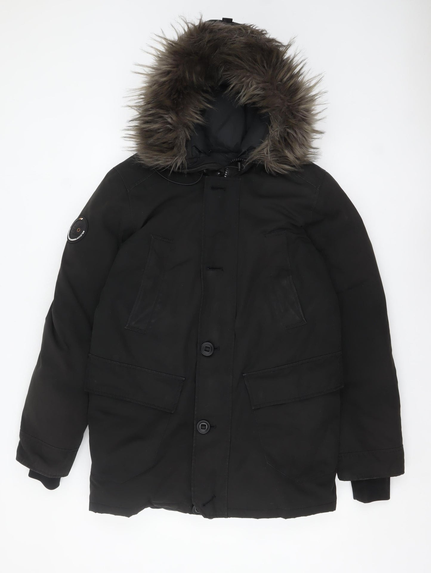 Superdry Women's Black Down Parka Coat S Faux Fur Hood Winter Jacket
