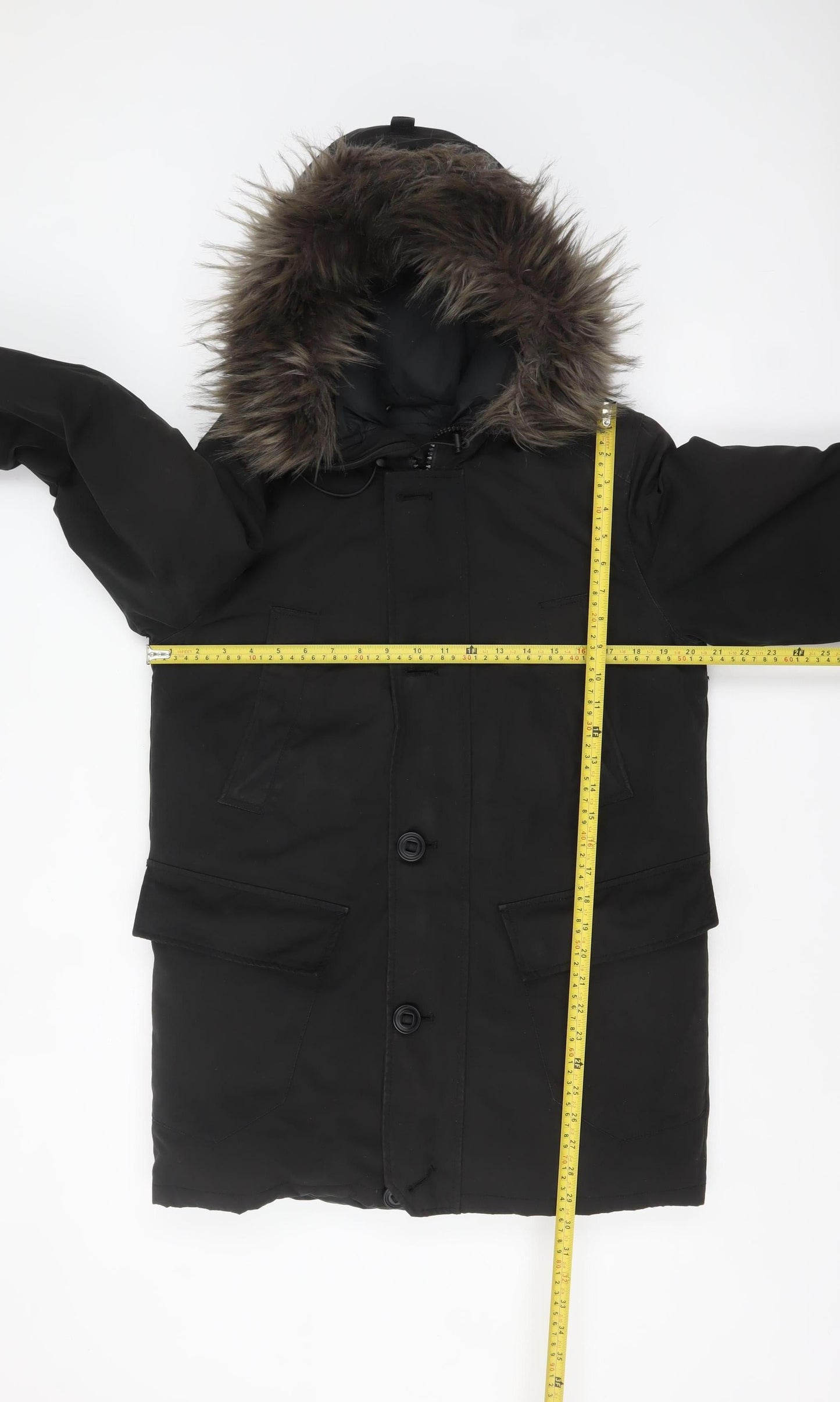 Superdry Women's Black Down Parka Coat S Faux Fur Hood Winter Jacket
