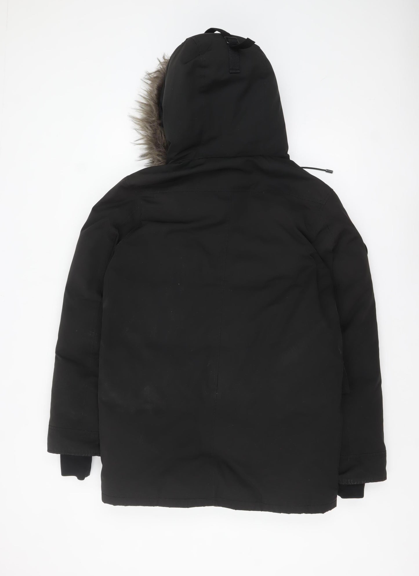 Superdry Women's Black Down Parka Coat S Faux Fur Hood Winter Jacket