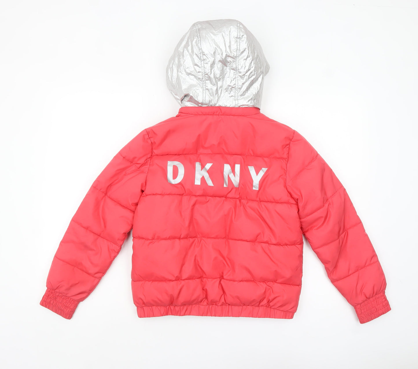 DKNY Women’s Pink Short Puffer Jacket XS Hooded Logo Winter Coat