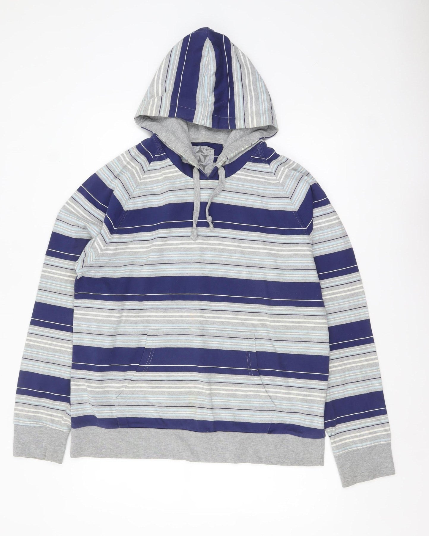 Next Men's Blue Striped Pullover Hoodie Size L Cotton Blend
