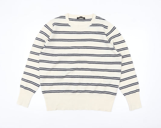 Jaeger Men’s Ivory Striped Wool Cashmere Crew Neck Jumper XL