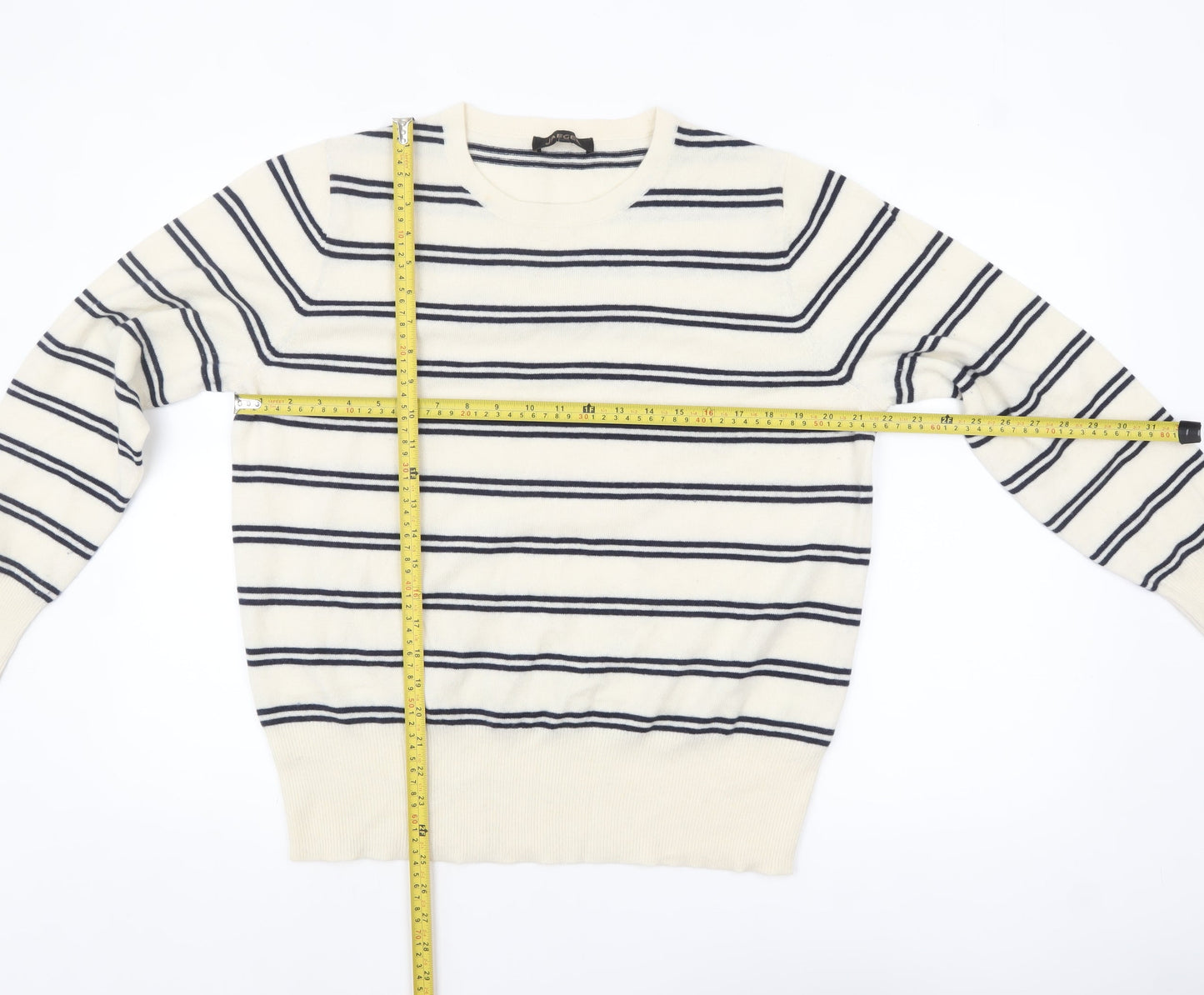 Jaeger Men’s Ivory Striped Wool Cashmere Crew Neck Jumper XL