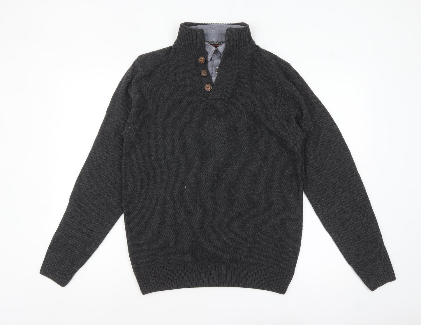 Next Men’s Grey Henley Jumper Medium Wool Blend High Neck