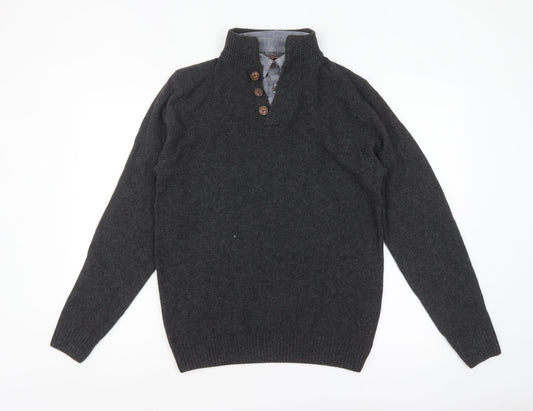 Next Men’s Grey Henley Jumper Medium Wool Blend High Neck