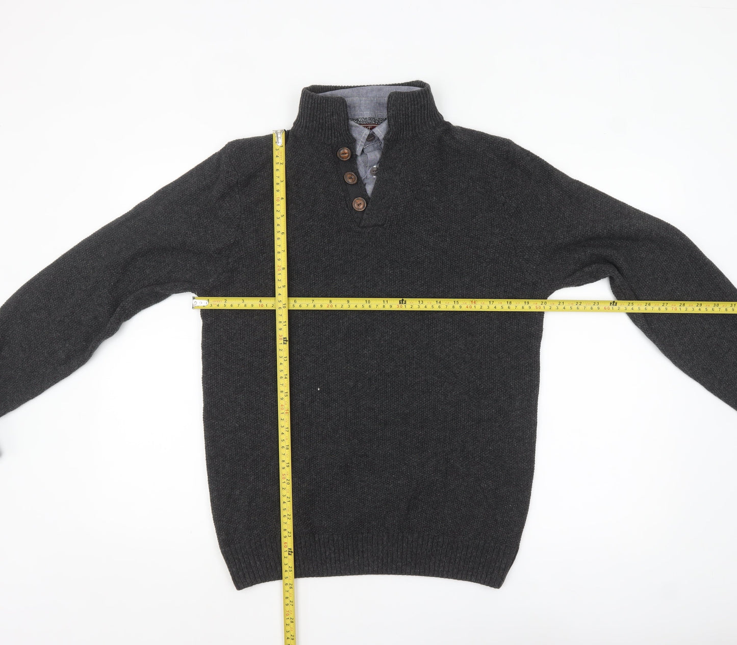 Next Men’s Grey Henley Jumper Medium Wool Blend High Neck